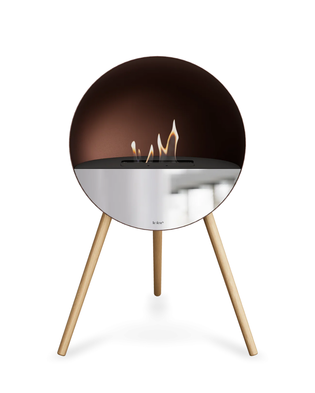 Bioethanol Standkamin Le Feu EYE freistehend in Mokka mit oberem Glas in Schwarz, Frontglas in Spiegelglas und Standfüßen aus seifenbehandelter Eiche