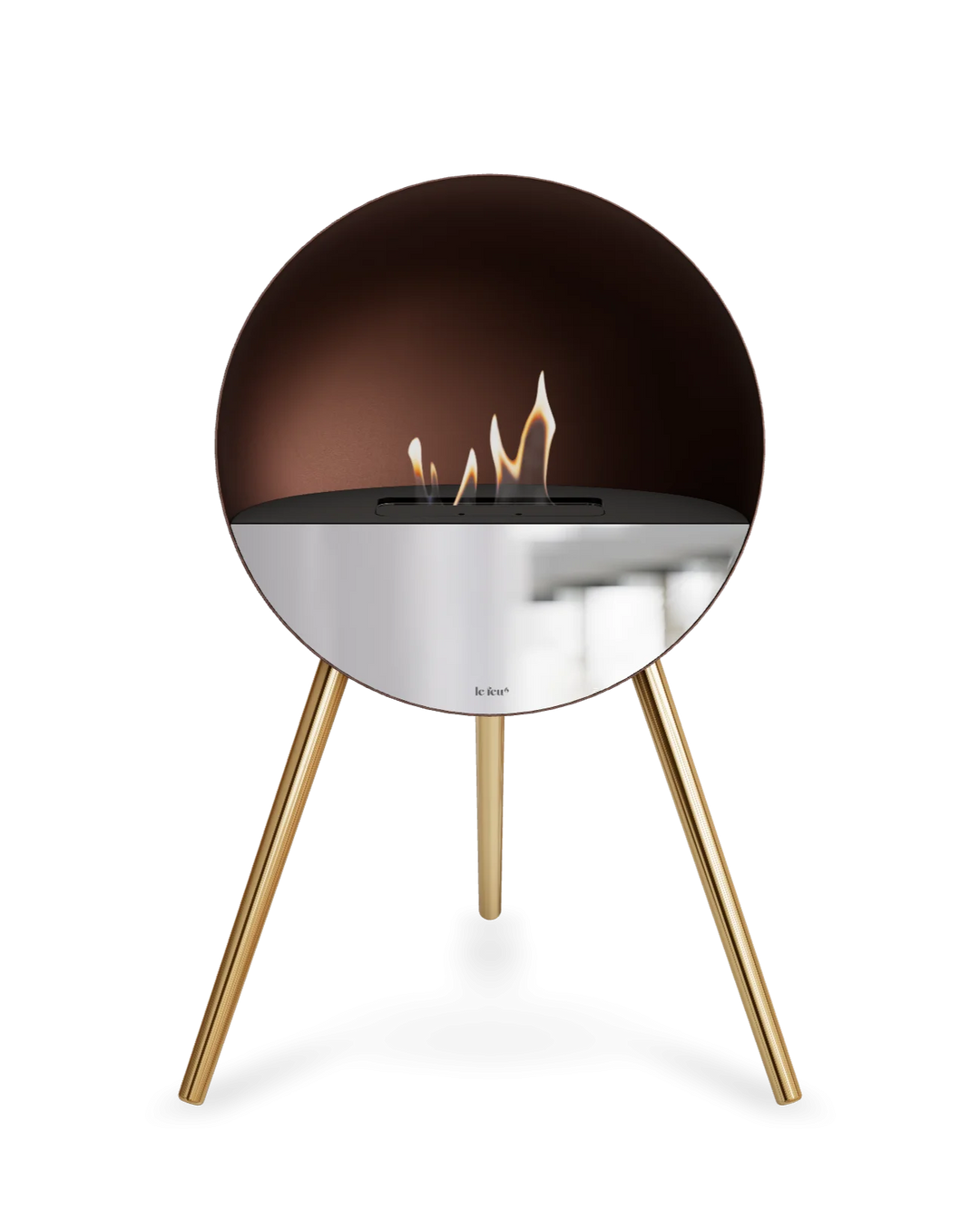 Bioethanol Standkamin Le Feu EYE freistehend in Mokka mit oberem Glas in Schwarz, Frontglas in Spiegelglas und Standfüßen in Roségold