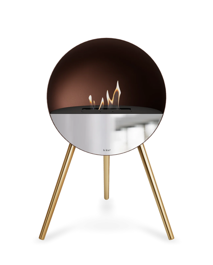 Bioethanol Standkamin Le Feu EYE freistehend in Mokka mit oberem Glas in Schwarz, Frontglas in Spiegelglas und Standfüßen in Roségold