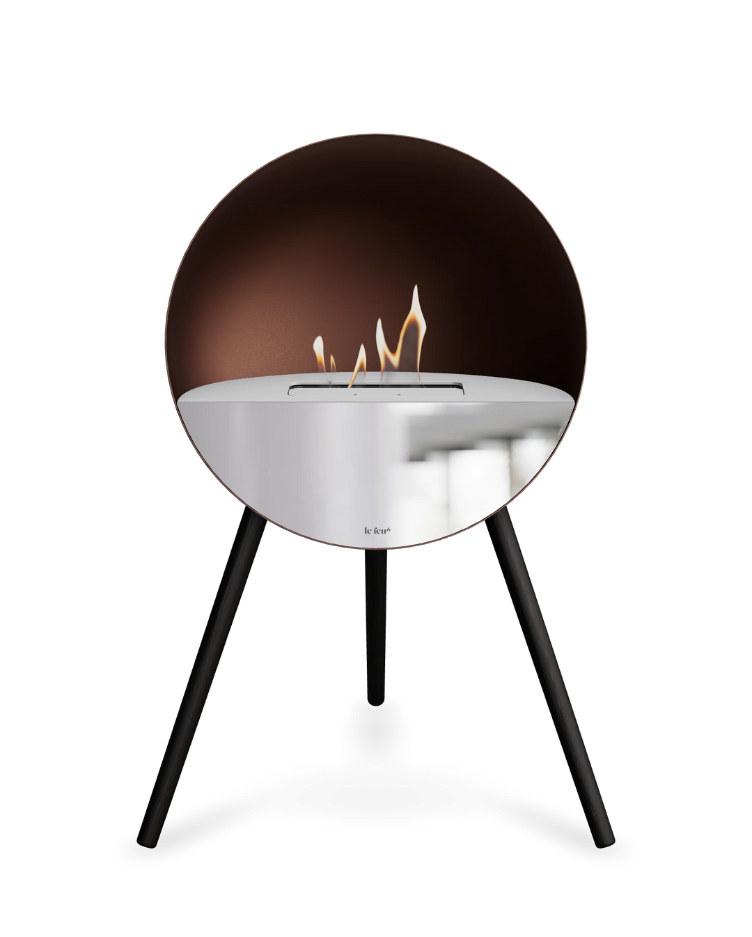 Bioethanol Standkamin Le Feu EYE freistehend in Mokka mit oberem Glas in Weiß, Frontglas in Spiegelglas und Standfüßen in Schwarz