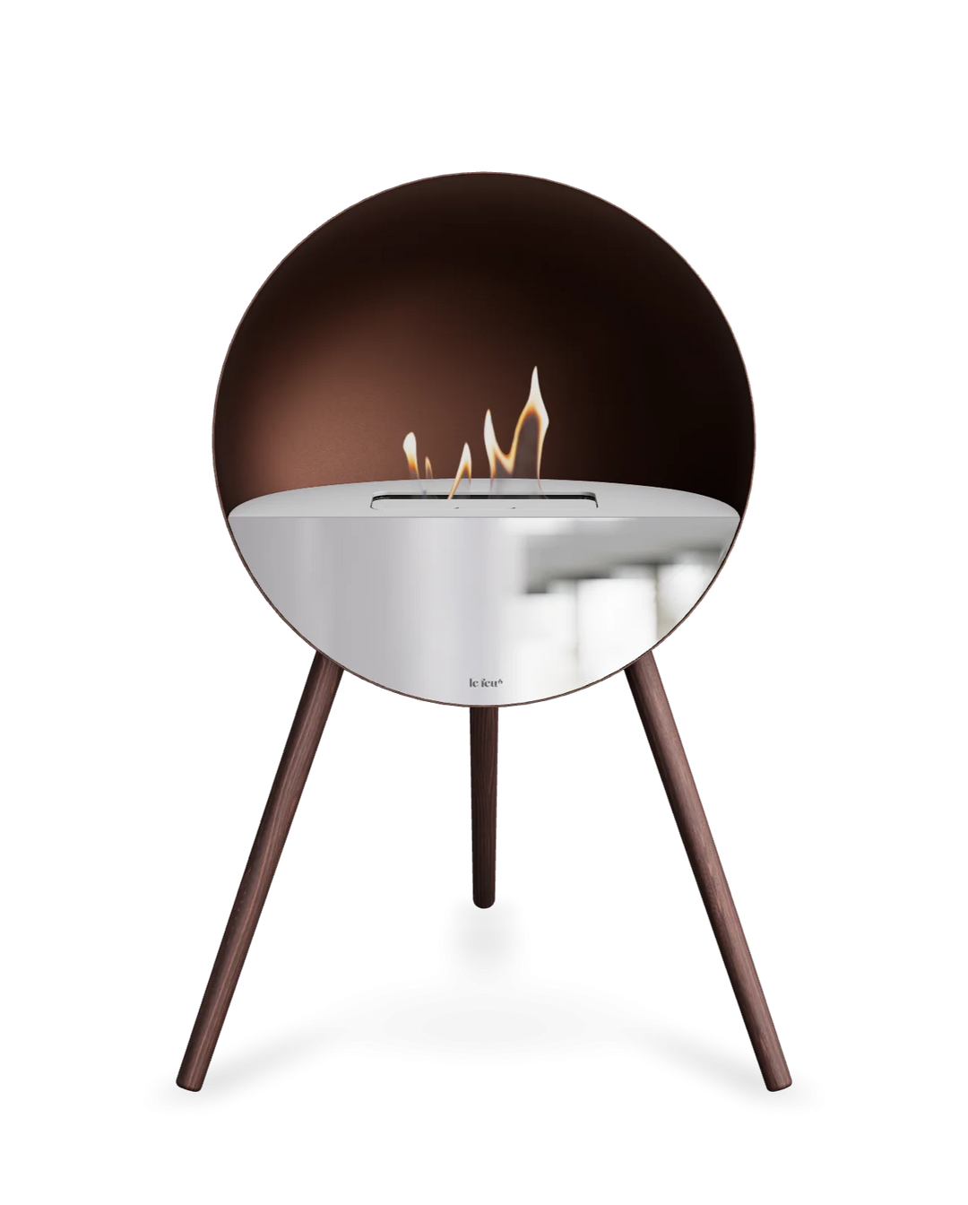 Bioethanol Standkamin Le Feu EYE freistehend in Mokka mit oberem Glas in Weiß, Frontglas in Spiegelglas und Standfüßen aus geräucherter Eiche