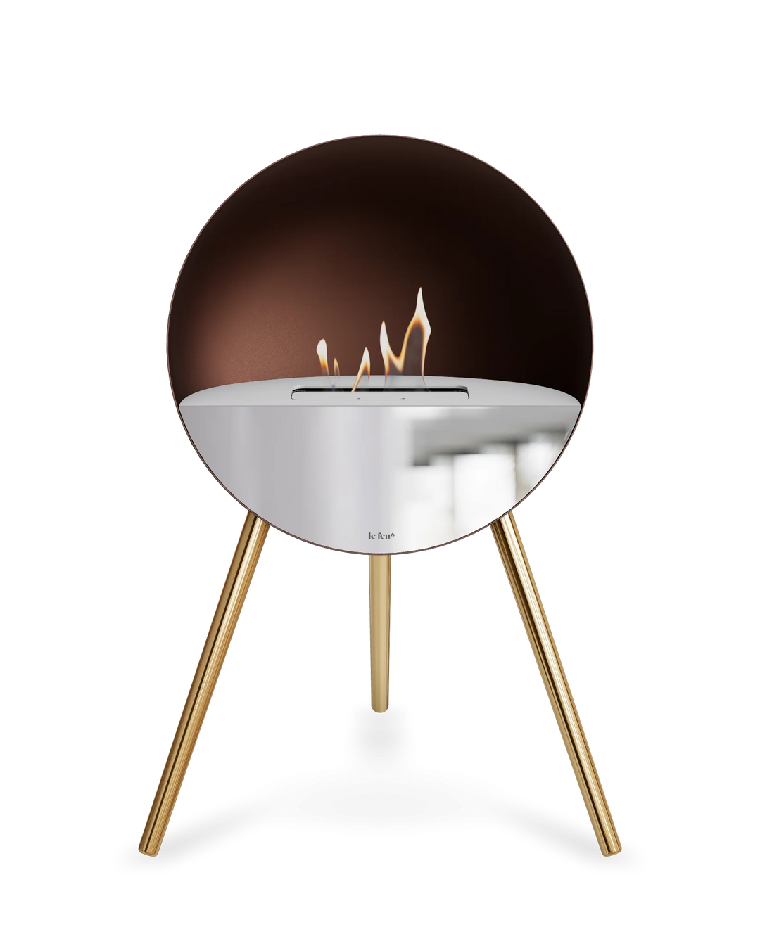 Bioethanol Standkamin Le Feu EYE freistehend in Mokka mit oberem Glas in Weiß, Frontglas in Spiegelglas und Standfüßen in Roségold