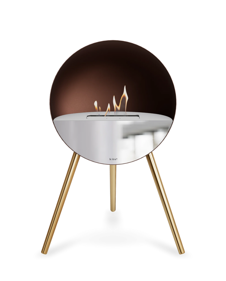 Bioethanol Standkamin Le Feu EYE freistehend in Mokka mit oberem Glas in Weiß, Frontglas in Spiegelglas und Standfüßen in Roségold