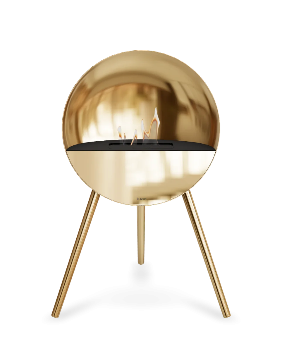 Bioethanol Standkamin Le Feu EYE freistehend in Roségold mit oberem Glas in Schwarz, Frontglas in Roségold und Standfüßen in Roségold