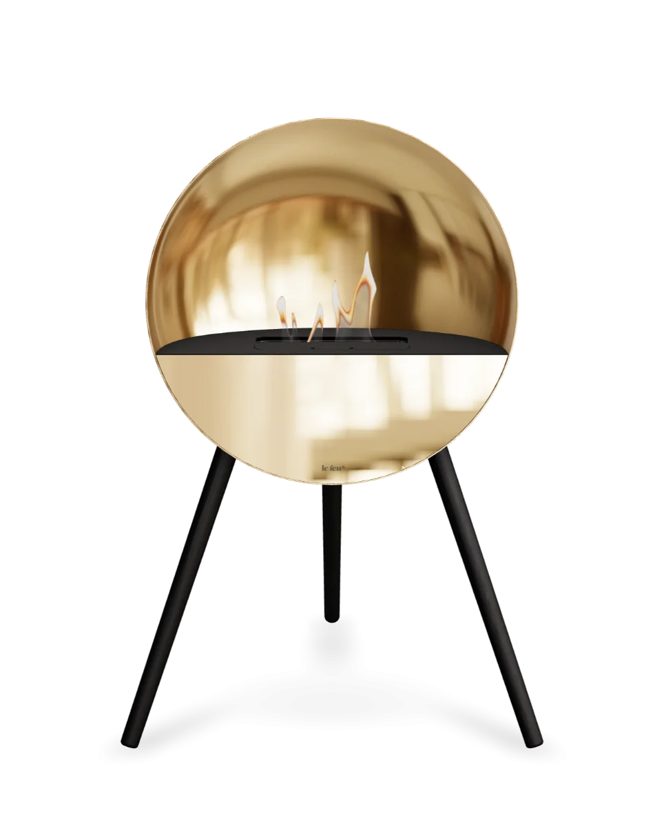 Bioethanol Standkamin Le Feu EYE freistehend in Roségold mit oberem Glas in Schwarz, Frontglas in Roségold und Standfüßen in Schwarz