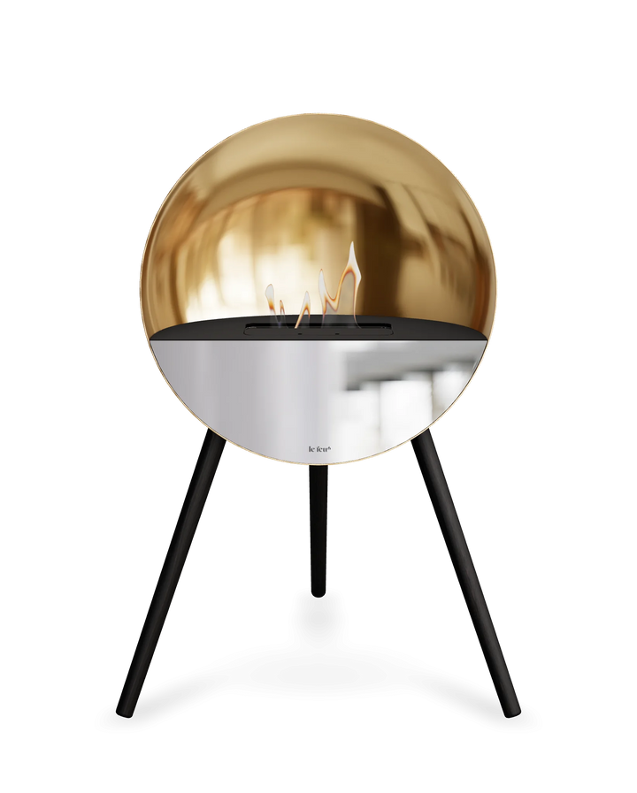 Bioethanol Standkamin Le Feu EYE freistehend in Roségold mit oberem Glas in Schwarz, Frontglas in Spiegelglas und Standfüßen in Schwarz