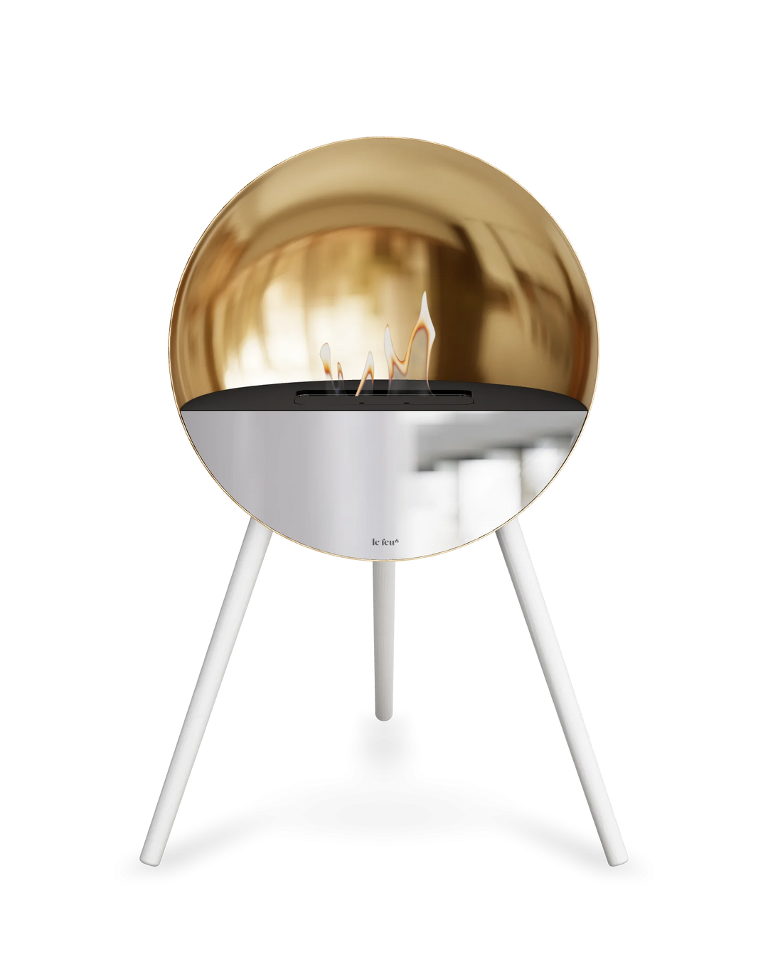 Bioethanol Standkamin Le Feu EYE freistehend in Roségold mit oberem Glas in Schwarz, Frontglas in Spiegelglas und Standfüßen in Weiß