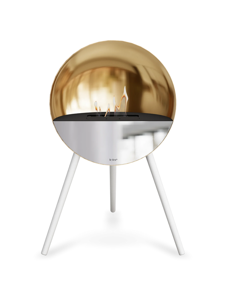 Bioethanol Standkamin Le Feu EYE freistehend in Roségold mit oberem Glas in Schwarz, Frontglas in Spiegelglas und Standfüßen in Weiß