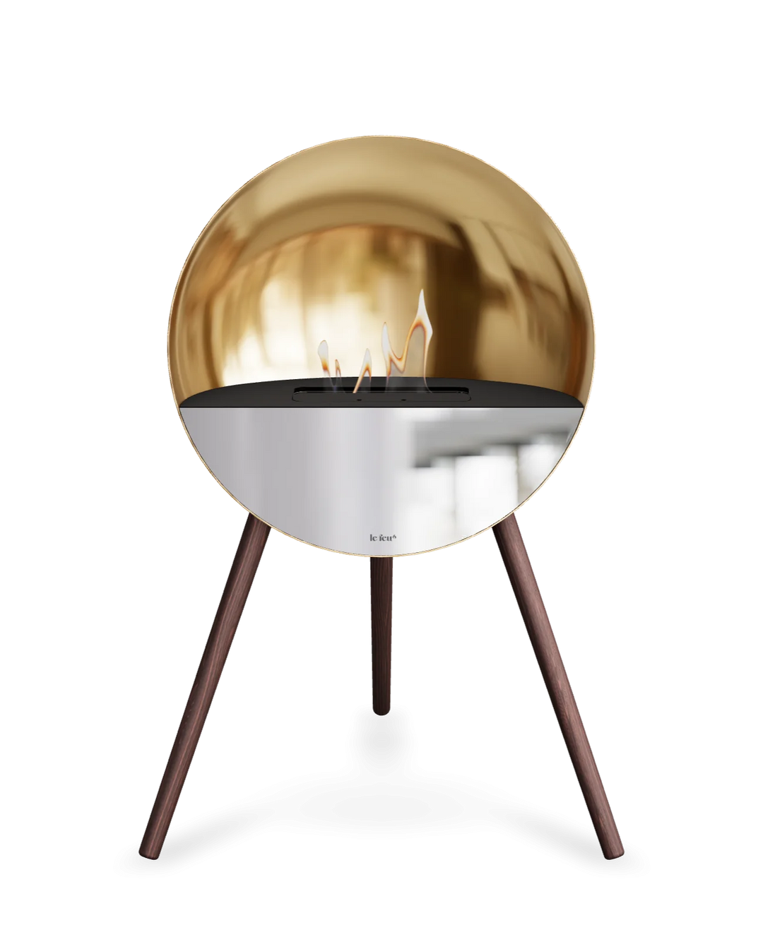 Bioethanol Standkamin Le Feu EYE freistehend in Roségold mit oberem Glas in Schwarz, Frontglas in Spiegelglas und Standfüßen aus geräucherter Eiche