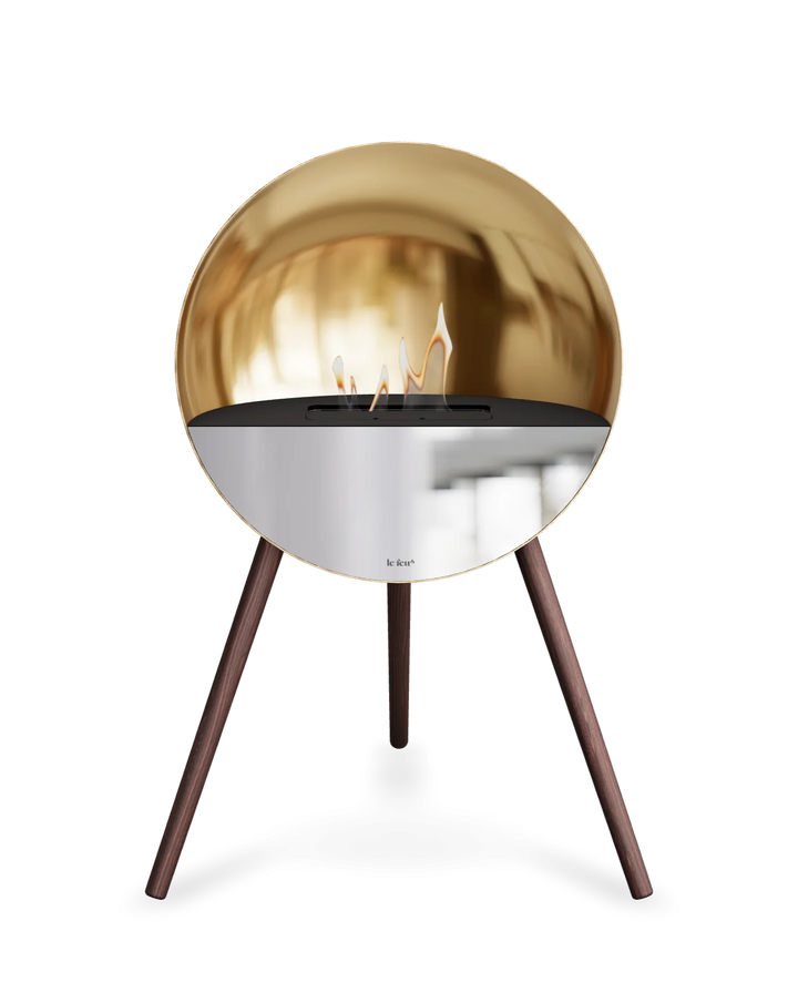 Bioethanol Standkamin Le Feu EYE freistehend in Roségold mit oberem Glas in Schwarz, Frontglas in Spiegelglas und Standfüßen aus geräucherter Eiche