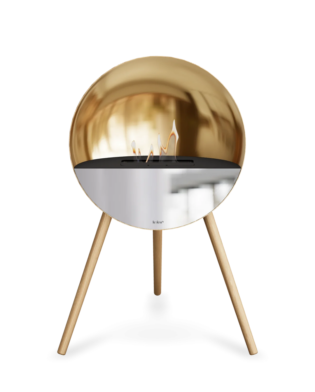 Bioethanol Standkamin Le Feu EYE freistehend in Roségold mit oberem Glas in Schwarz, Frontglas in Spiegelglas und Standfüßen aus seifenbehandelter Eiche