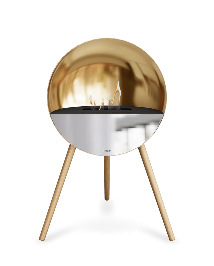 Bioethanol Standkamin Le Feu EYE freistehend in Roségold mit oberem Glas in Schwarz, Frontglas in Spiegelglas und Standfüßen aus seifenbehandelter Eiche