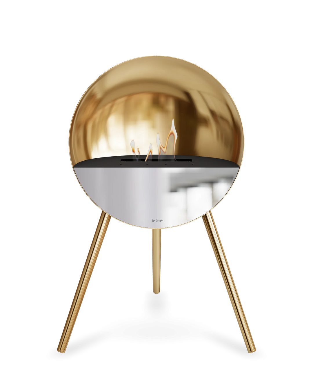 Bioethanol Standkamin Le Feu EYE freistehend in Roségold mit oberem Glas in Schwarz, Frontglas in Spiegelglas und Standfüßen in Roségold