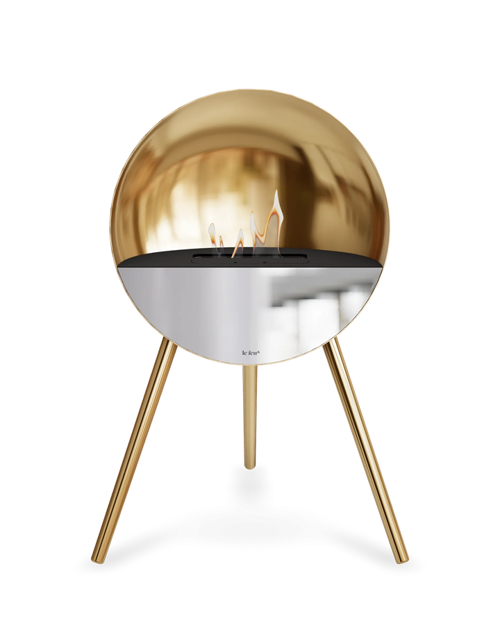 Bioethanol Standkamin Le Feu EYE freistehend in Roségold mit oberem Glas in Schwarz, Frontglas in Spiegelglas und Standfüßen in Roségold