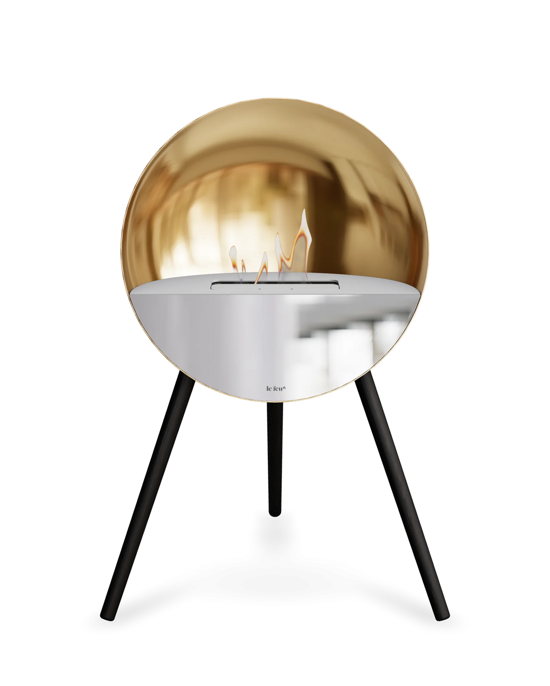 Bioethanol Standkamin Le Feu EYE freistehend in Roségold mit oberem Glas in Weiß, Frontglas in Spiegelglas und Standfüßen in Schwarz