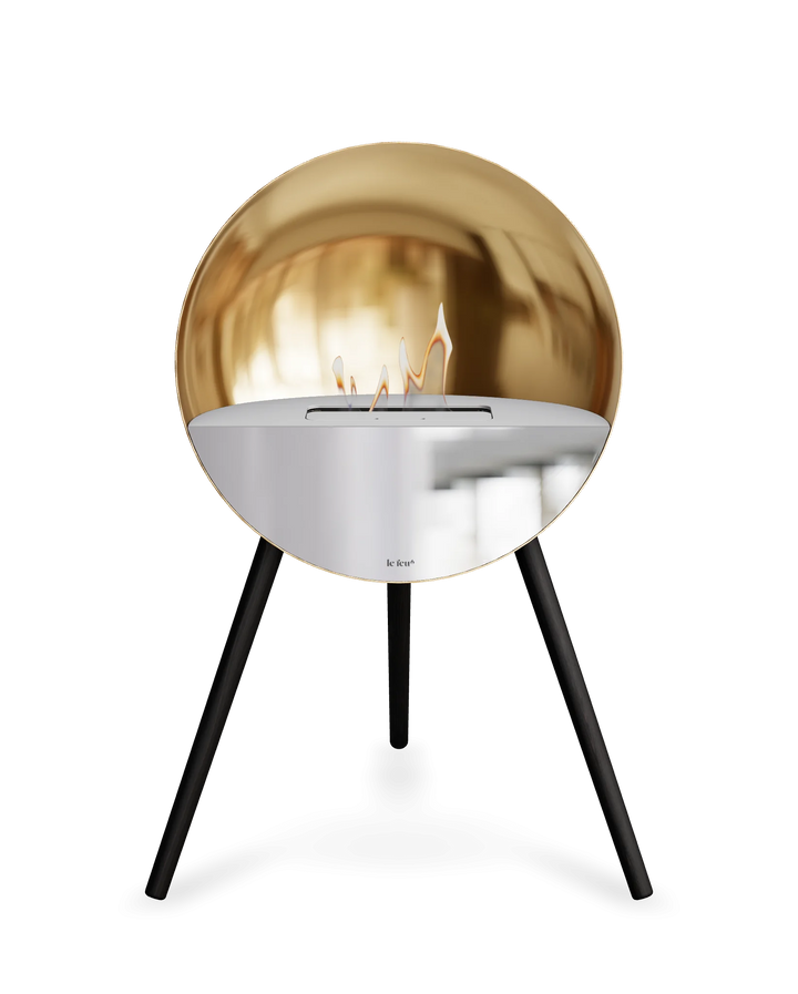 Bioethanol Standkamin Le Feu EYE freistehend in Roségold mit oberem Glas in Weiß, Frontglas in Spiegelglas und Standfüßen in Schwarz