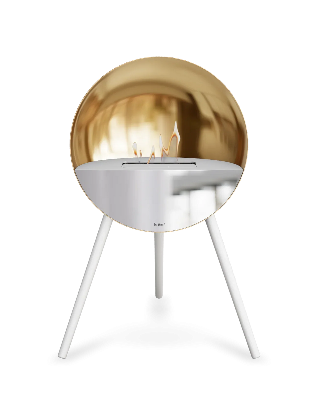 Bioethanol Standkamin Le Feu EYE freistehend in Roségold mit oberem Glas in Weiß, Frontglas in Spiegelglas und Standfüßen in Weiß
