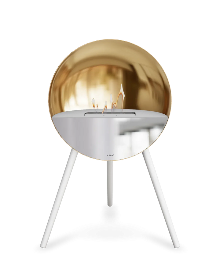 Bioethanol Standkamin Le Feu EYE freistehend in Roségold mit oberem Glas in Weiß, Frontglas in Spiegelglas und Standfüßen in Weiß