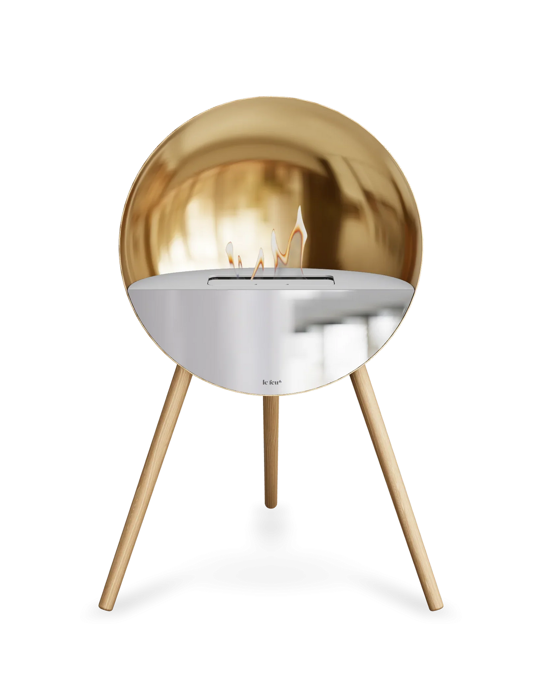 Bioethanol Standkamin Le Feu EYE freistehend in Roségold mit oberem Glas in Weiß, Frontglas in Spiegelglas und Standfüßen aus seifenbehandelter Eiche