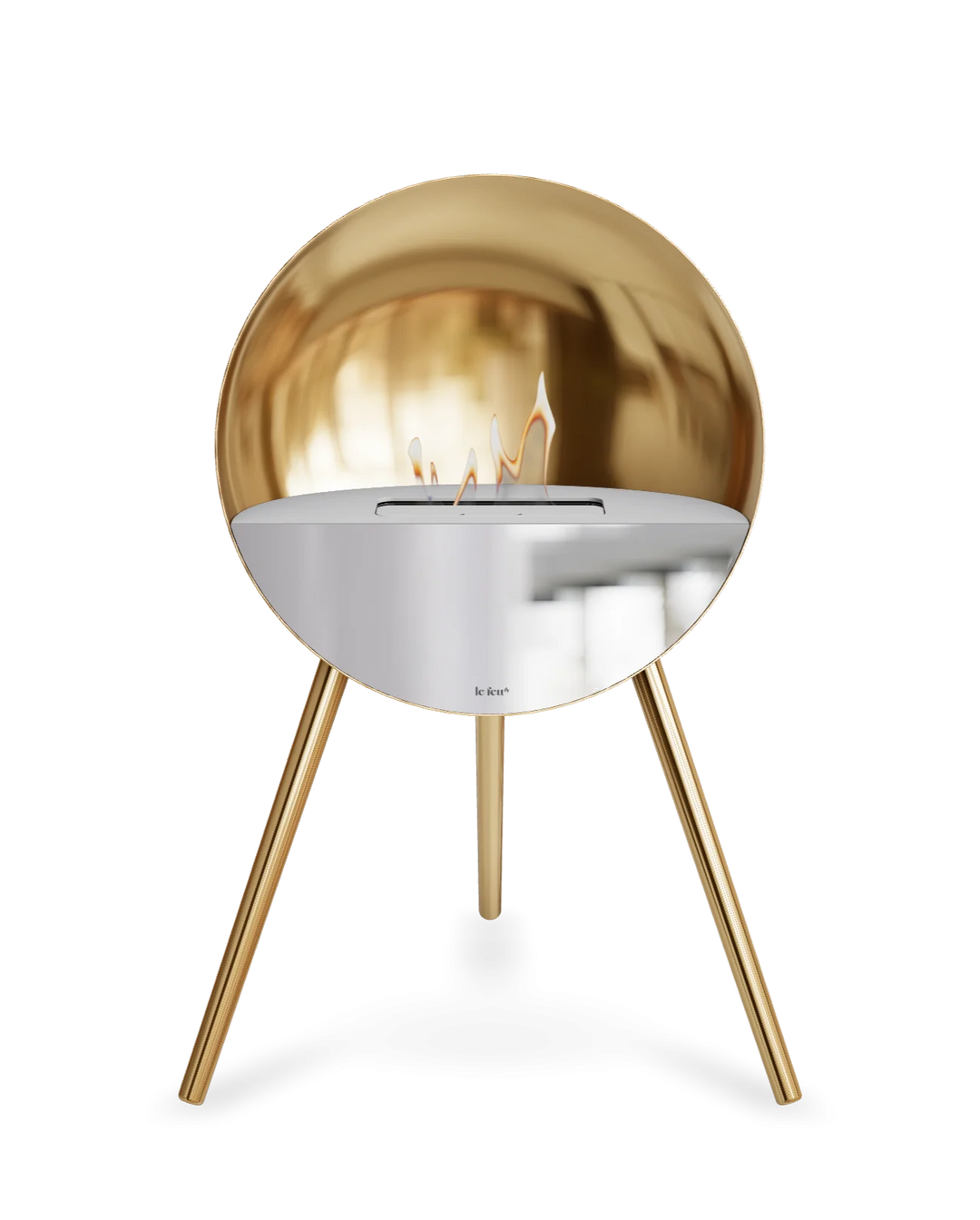 Bioethanol Standkamin Le Feu EYE freistehend in Roségold mit oberem Glas in Weiß, Frontglas in Spiegelglas und Standfüßen in Roségold
