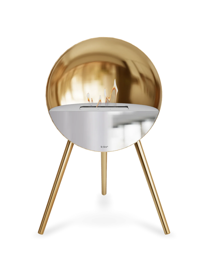 Bioethanol Standkamin Le Feu EYE freistehend in Roségold mit oberem Glas in Weiß, Frontglas in Spiegelglas und Standfüßen in Roségold