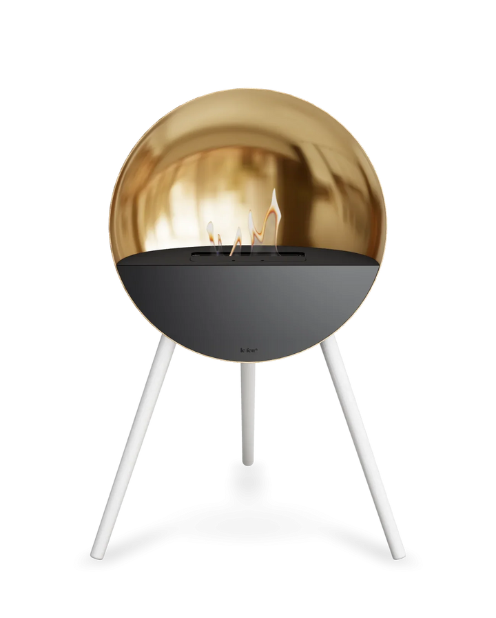 Bioethanol Standkamin Le Feu EYE freistehend in Roségold mit oberem Glas in Schwarz, Frontglas in Schwarz und Standfüßen in Weiß