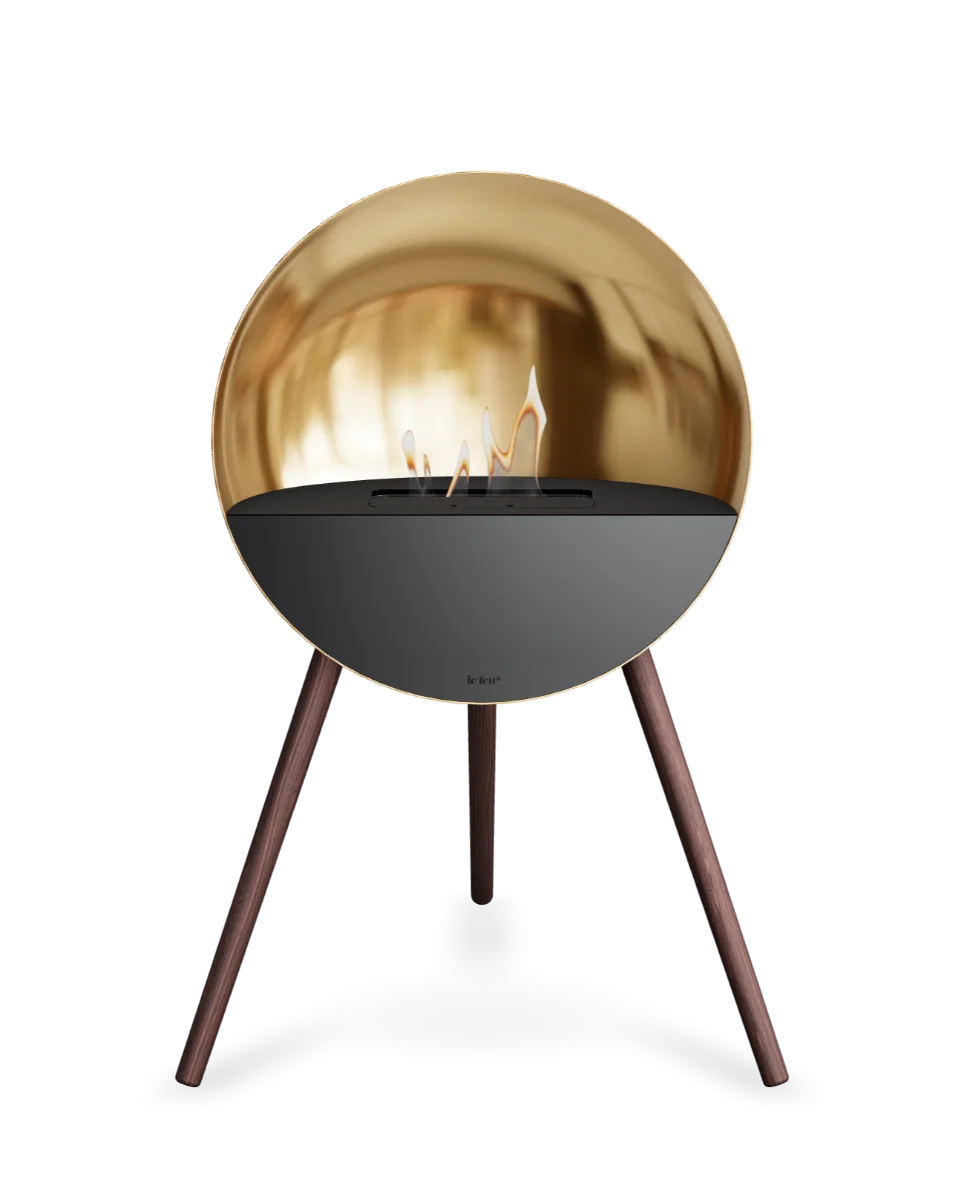 Bioethanol Standkamin Le Feu EYE freistehend in Roségold mit oberem Glas in Schwarz, Frontglas in Schwarz und Standfüßen aus geräucherter Eiche