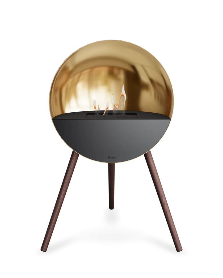 Bioethanol Standkamin Le Feu EYE freistehend in Roségold mit oberem Glas in Schwarz, Frontglas in Schwarz und Standfüßen aus geräucherter Eiche
