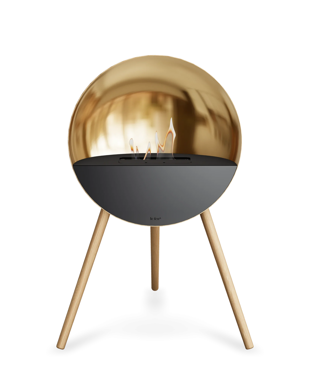 Bioethanol Standkamin Le Feu EYE freistehend in Roségold mit oberem Glas in Schwarz, Frontglas in Schwarz und Standfüßen aus seifenbehandelter Eiche
