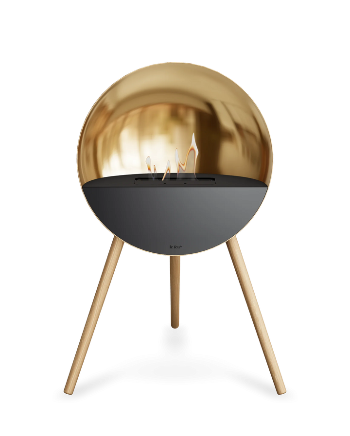Bioethanol Standkamin Le Feu EYE freistehend in Roségold mit oberem Glas in Schwarz, Frontglas in Schwarz und Standfüßen aus seifenbehandelter Eiche