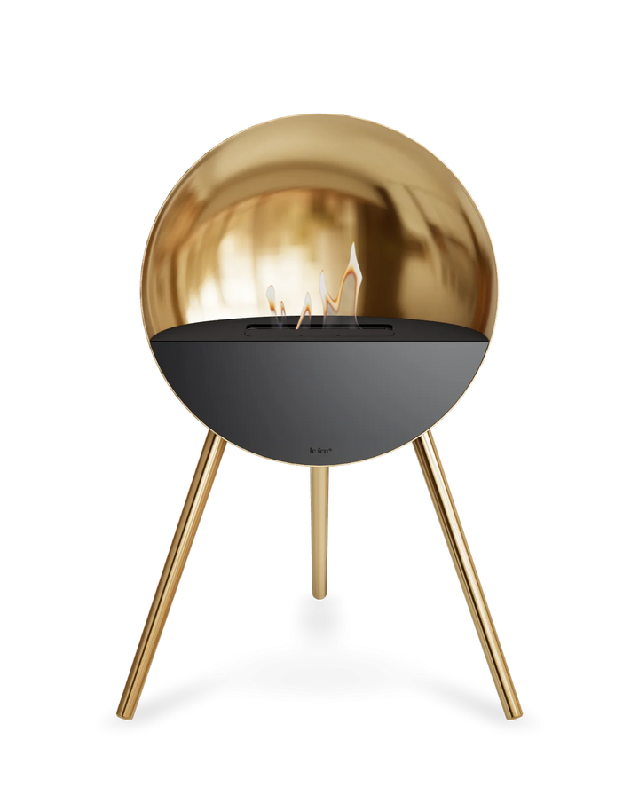 Bioethanol Standkamin Le Feu EYE freistehend in Roségold mit oberem Glas in Schwarz, Frontglas in Schwarz und Standfüßen in Roségold