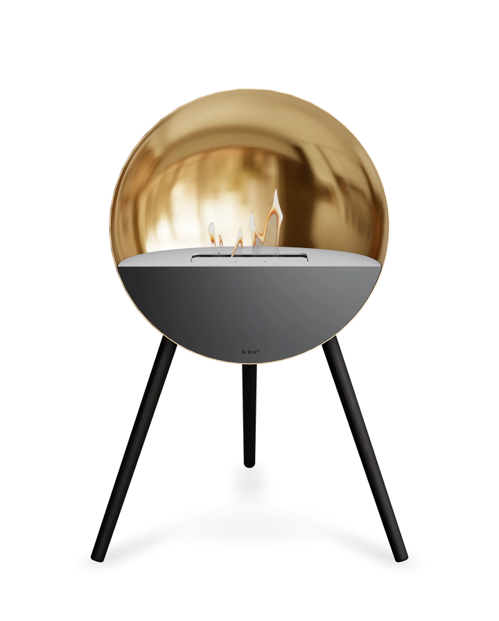 Bioethanol Standkamin Le Feu EYE freistehend in Roségold mit oberem Glas in Weiß, Frontglas in Schwarz und Standfüßen in Schwarz