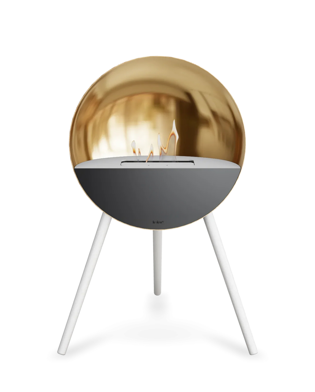 Bioethanol Standkamin Le Feu EYE freistehend in Roségold mit oberem Glas in Weiß, Frontglas in Schwarz und Standfüßen in Weiß