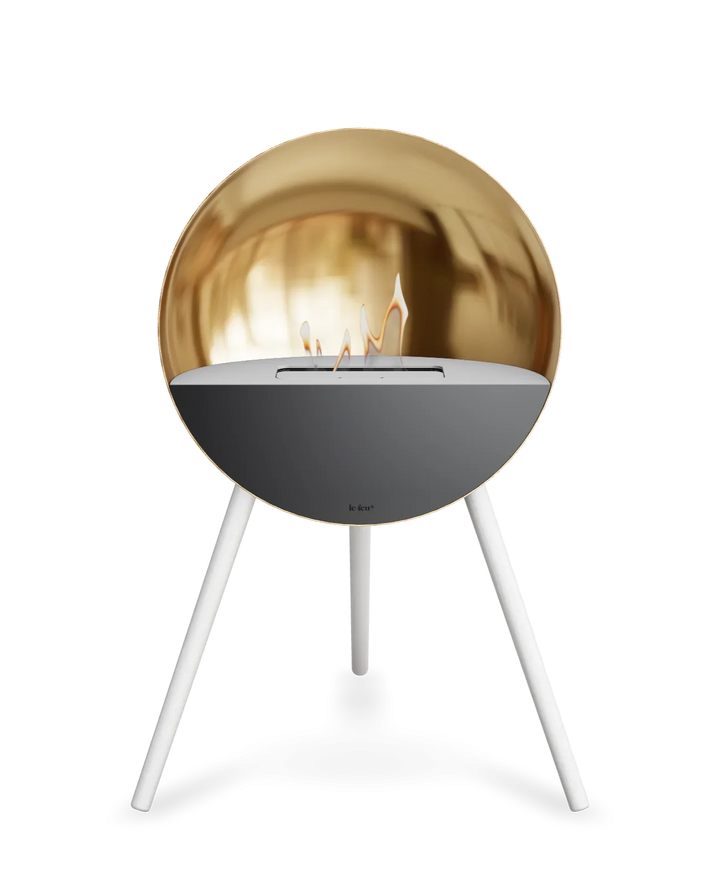 Bioethanol Standkamin Le Feu EYE freistehend in Roségold mit oberem Glas in Weiß, Frontglas in Schwarz und Standfüßen in Weiß