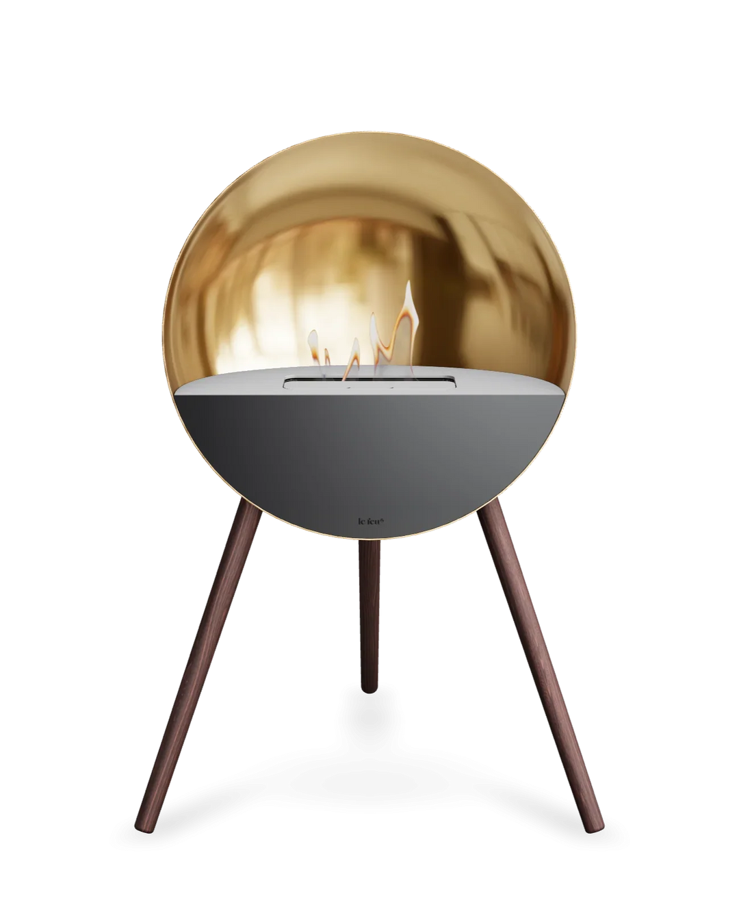 Bioethanol Standkamin Le Feu EYE freistehend in Roségold mit oberem Glas in Weiß, Frontglas in Schwarz und Standfüßen aus geräucherter Eiche