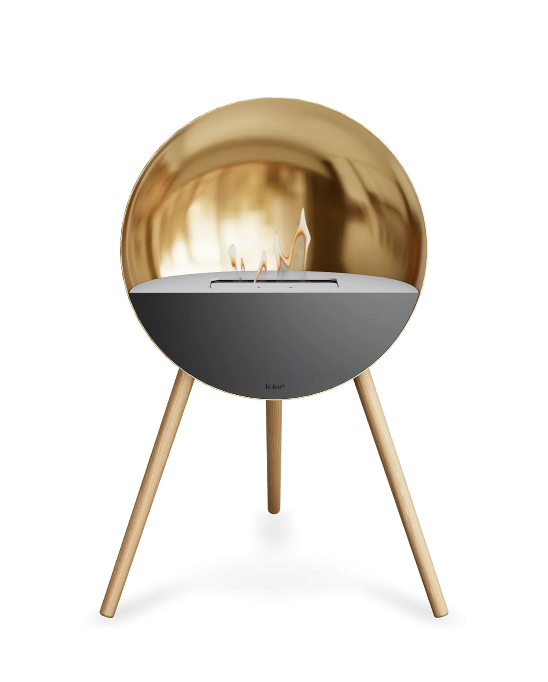 Bioethanol Standkamin Le Feu EYE freistehend in Roségold mit oberem Glas in Weiß, Frontglas in Schwarz und Standfüßen aus seifenbehandelter Eiche
