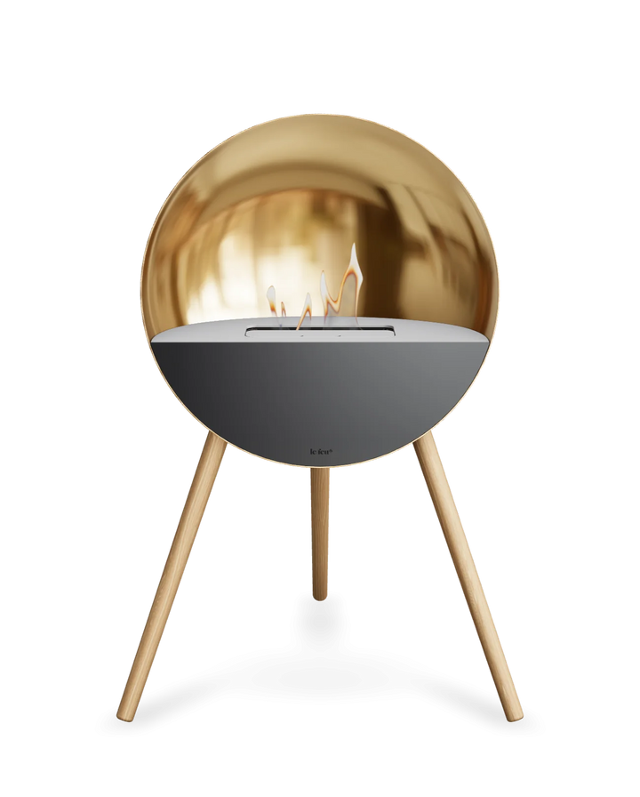 Bioethanol Standkamin Le Feu EYE freistehend in Roségold mit oberem Glas in Weiß, Frontglas in Schwarz und Standfüßen aus seifenbehandelter Eiche