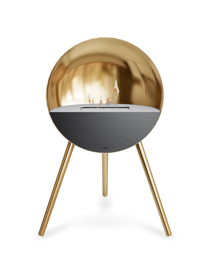 Bioethanol Standkamin Le Feu EYE freistehend in Roségold mit oberem Glas in Weiß, Frontglas in Schwarz und Standfüßen in Roségold
