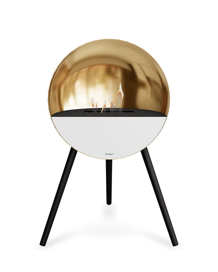 Bioethanol Standkamin Le Feu EYE freistehend in Roségold mit oberem Glas in Schwarz, Frontglas in Weiß und Standfüßen in Schwarz