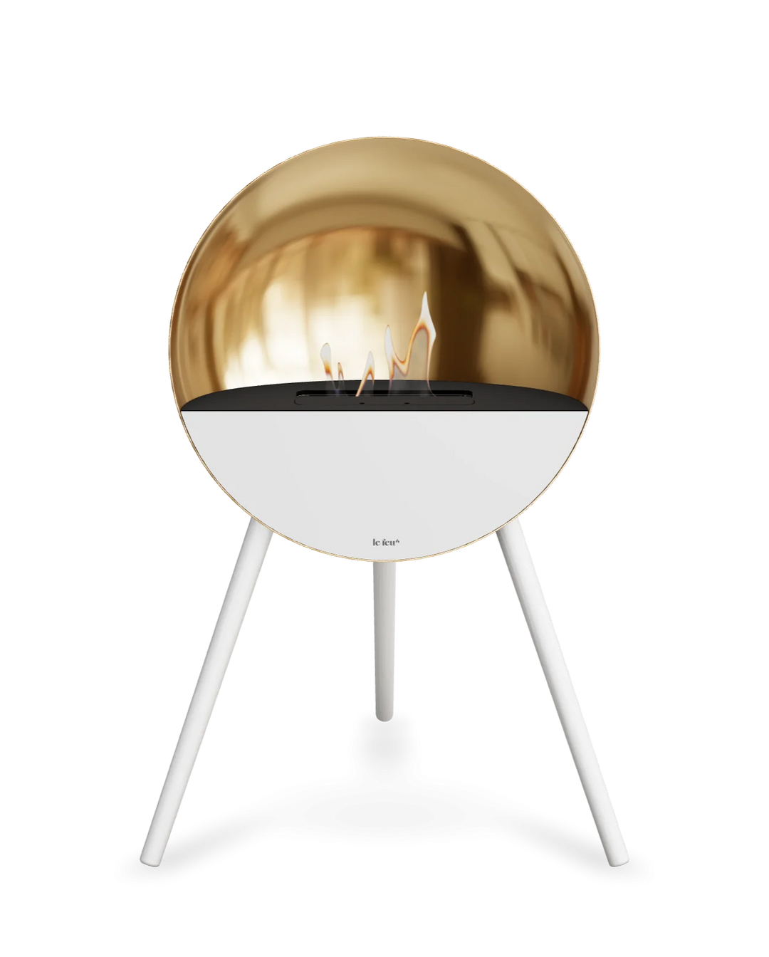 Bioethanol Standkamin Le Feu EYE freistehend in Roségold mit oberem Glas in Schwarz, Frontglas in Weiß und Standfüßen in Weiß