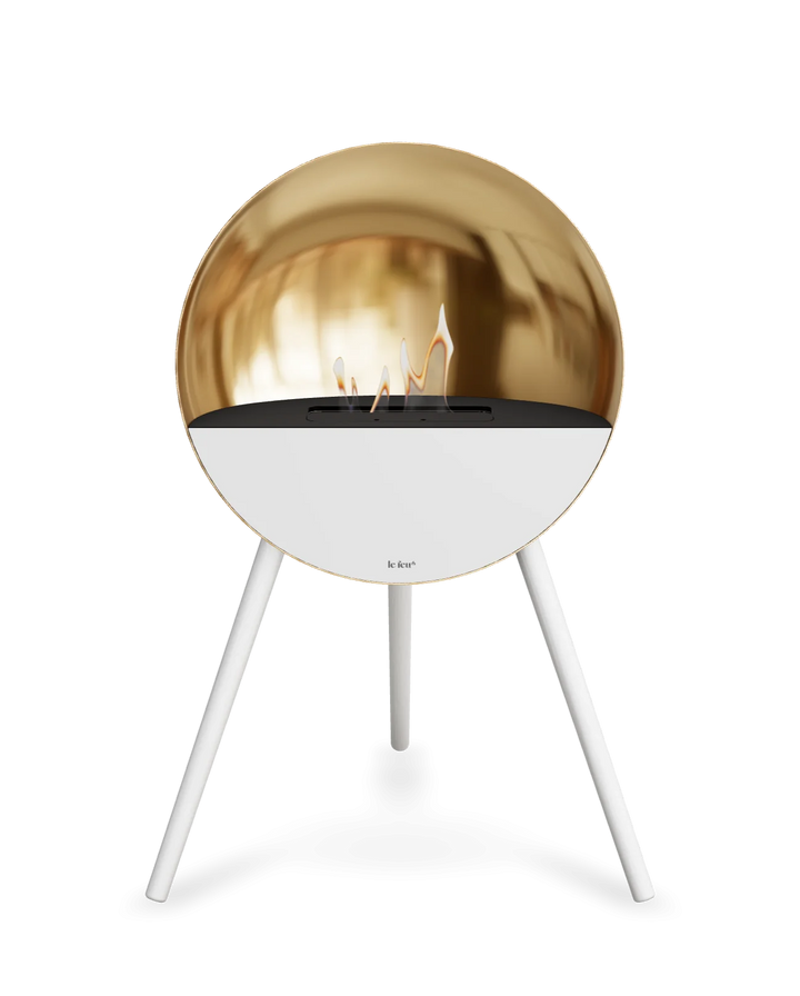 Bioethanol Standkamin Le Feu EYE freistehend in Roségold mit oberem Glas in Schwarz, Frontglas in Weiß und Standfüßen in Weiß