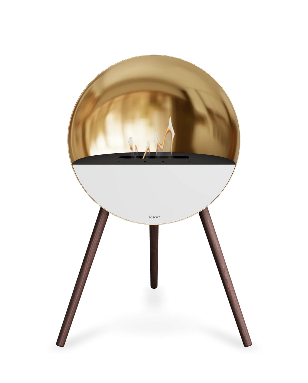 Bioethanol Standkamin Le Feu EYE freistehend in Roségold mit oberem Glas in Schwarz, Frontglas in Weiß und Standfüßen aus geräucherter Eiche