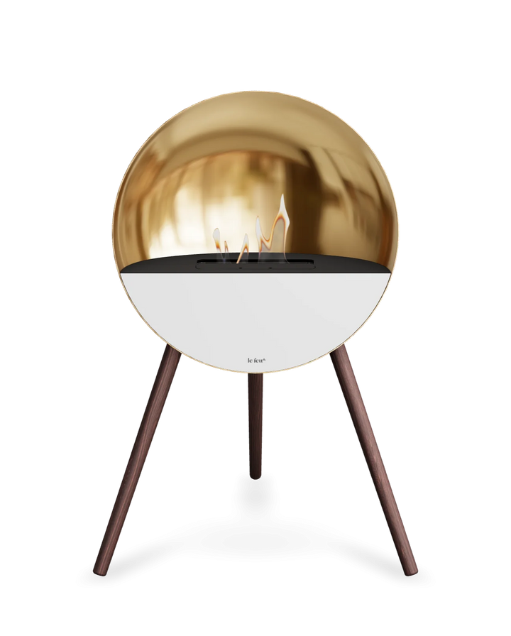 Bioethanol Standkamin Le Feu EYE freistehend in Roségold mit oberem Glas in Schwarz, Frontglas in Weiß und Standfüßen aus geräucherter Eiche