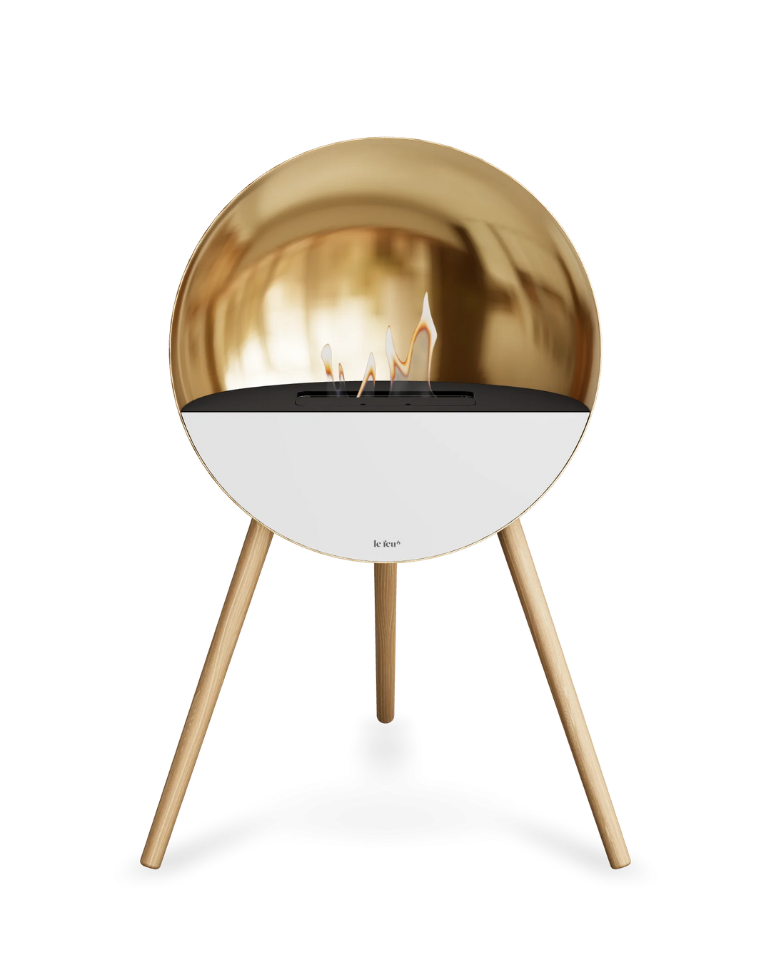 Bioethanol Standkamin Le Feu EYE freistehend in Roségold mit oberem Glas in Schwarz, Frontglas in Weiß und Standfüßen aus seifenbehandelter Eiche