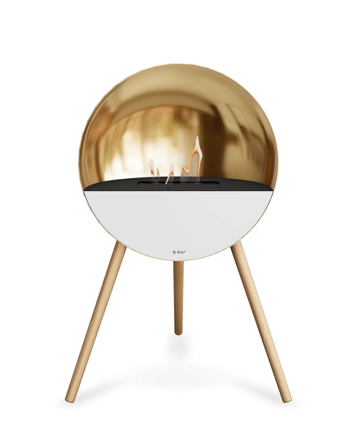 Bioethanol Standkamin Le Feu EYE freistehend in Roségold mit oberem Glas in Schwarz, Frontglas in Weiß und Standfüßen aus seifenbehandelter Eiche