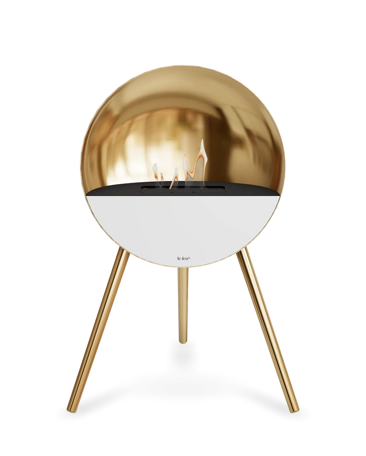 Bioethanol Standkamin Le Feu EYE freistehend in Roségold mit oberem Glas in Schwarz, Frontglas in Weiß und Standfüßen in Roségold