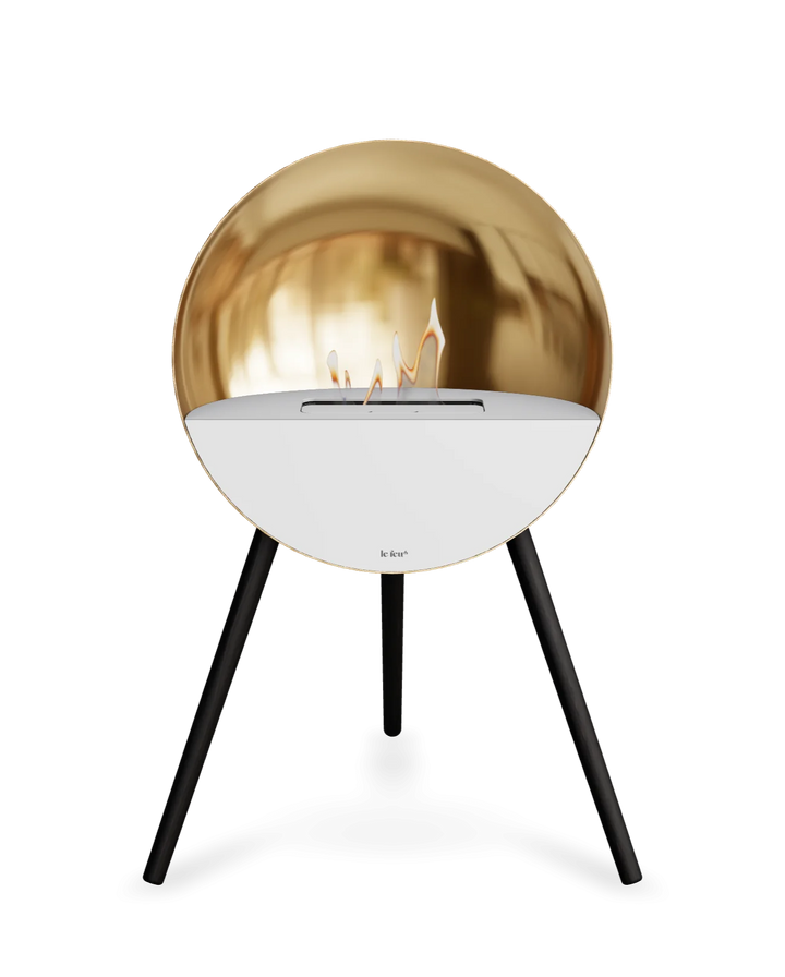 Bioethanol Standkamin Le Feu EYE freistehend in Roségold mit oberem Glas in Weiß, Frontglas in Weiß und Standfüßen in Schwarz