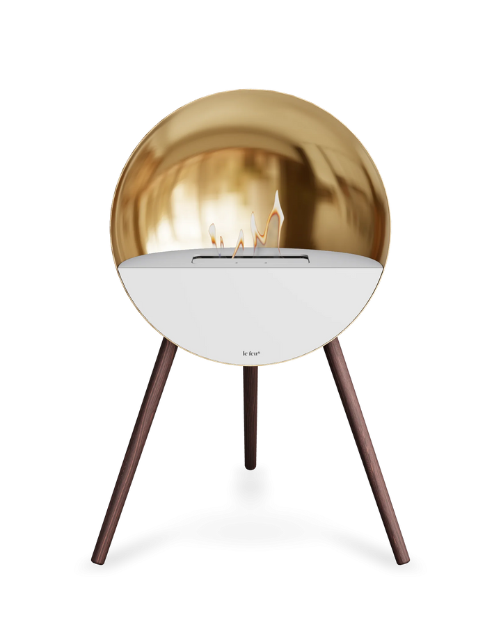 Bioethanol Standkamin Le Feu EYE freistehend in Roségold mit oberem Glas in Weiß, Frontglas in Weiß und Standfüßen aus geräucherter Eiche