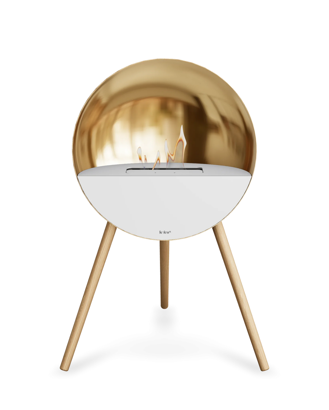 Bioethanol Standkamin Le Feu EYE freistehend in Roségold mit oberem Glas in Weiß, Frontglas in Weiß und Standfüßen aus seifenbehandelter Eiche