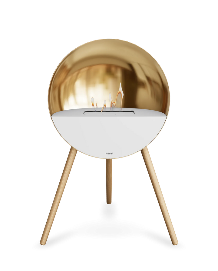 Bioethanol Standkamin Le Feu EYE freistehend in Roségold mit oberem Glas in Weiß, Frontglas in Weiß und Standfüßen aus seifenbehandelter Eiche